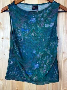 Icone Teal Watercolor Mesh Sheer Tank Top Lg Artsy Spring Boho floral feminine